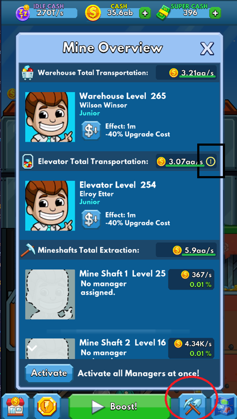Mine Overview screen showing bottleneck indicator